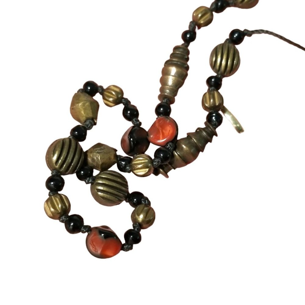 Brass and Stone Necklace Single Strand Cord 28" Textured Fashion Jewelry Woman